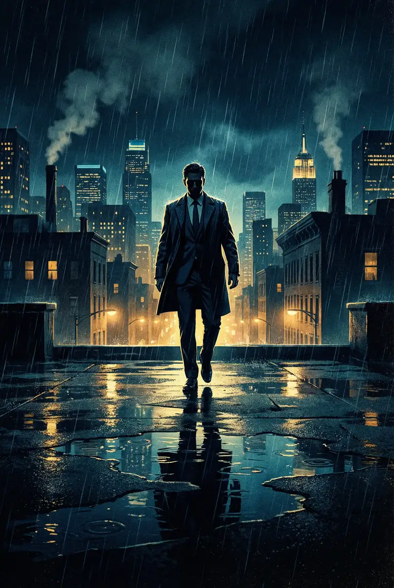 火影忍者全集720免费观看 出品影片《雨夜独行者》海报，雨中城市屋顶男性剪影